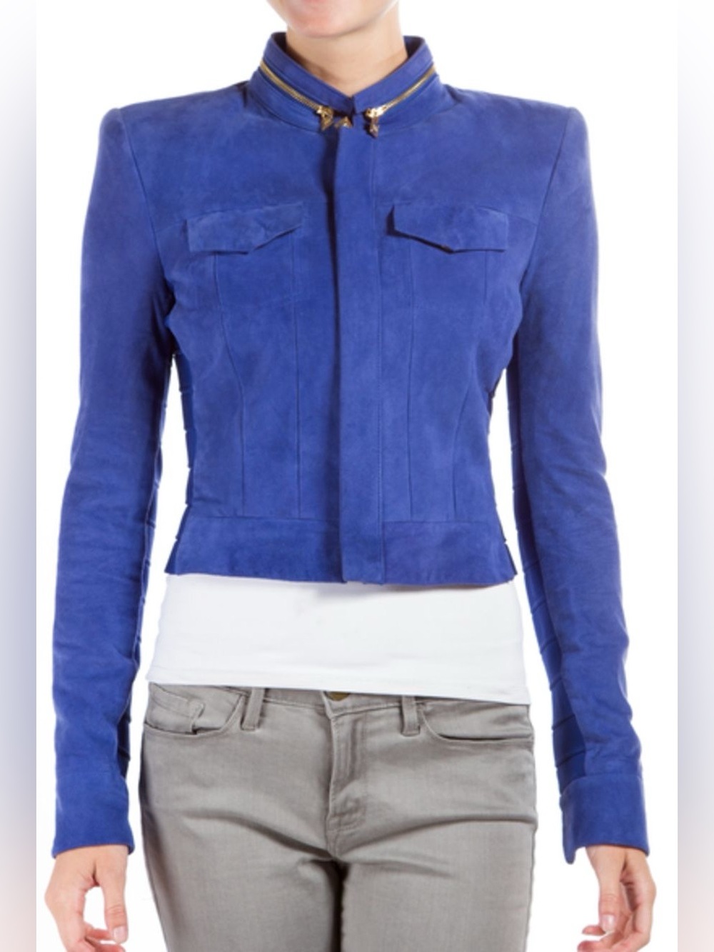 Herve Leger Fleur ultramarine blue goat leather suede biker moto jacket M medium